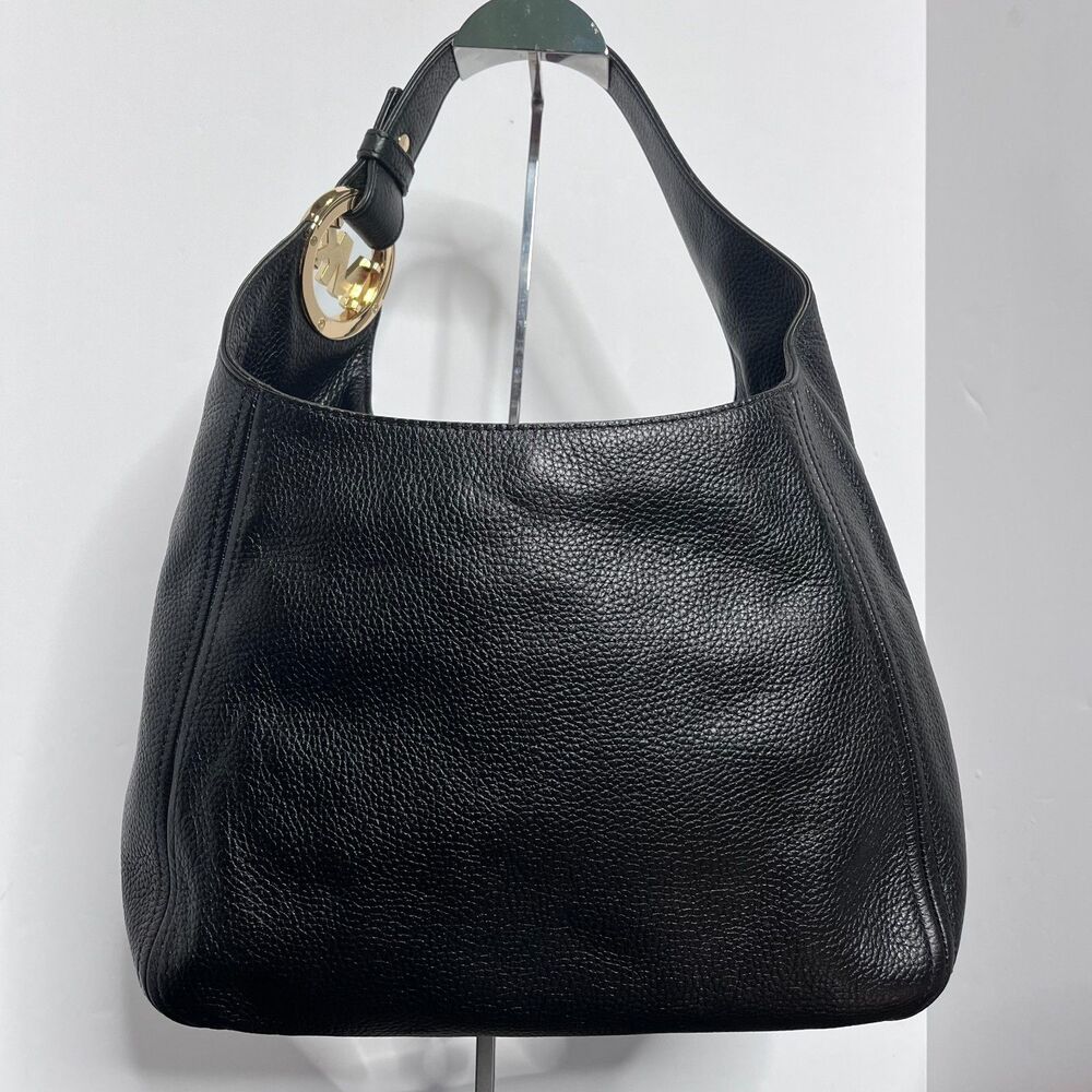 Michael Kors Fulton Large Black Pebbled Leather Hobo Shoulder Bag EUC